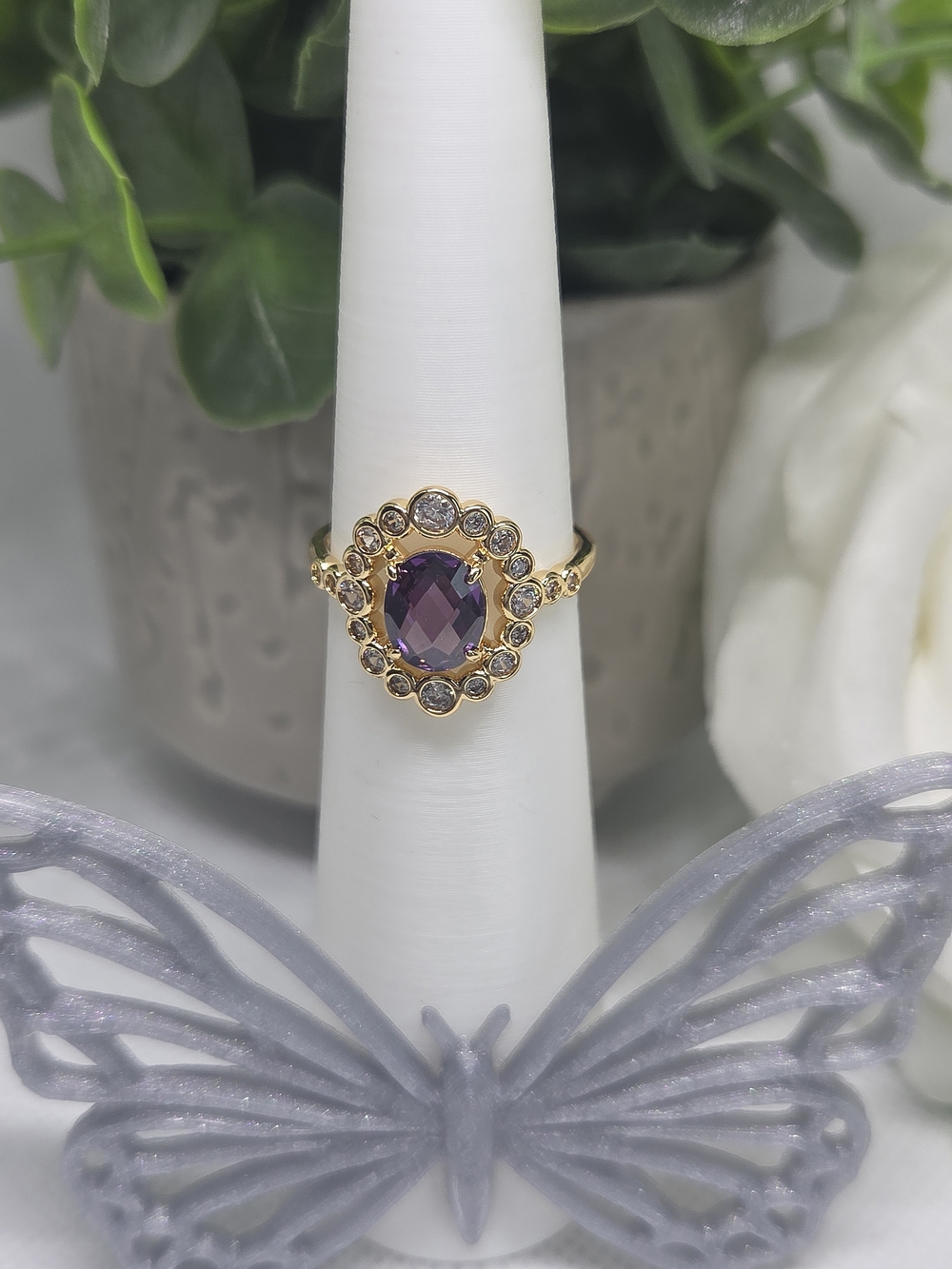 BP Amethyst CZ Halo Cocktail Ring On Gold Plating